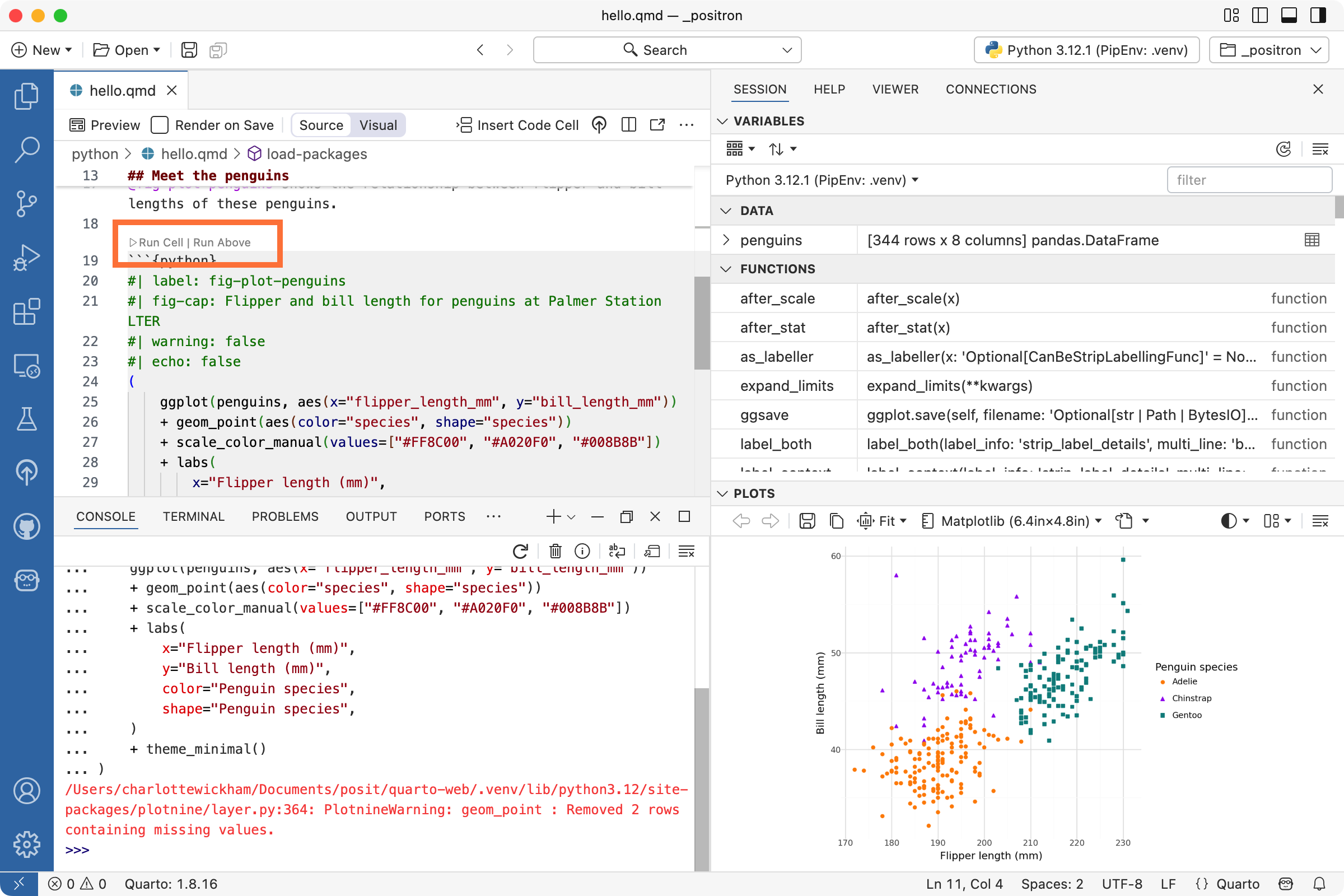 A Positron session with hello.qmd open in the Editor. An orange box highlights the button 'Run Cell' above a code cell with the label plot-penguins. The Console shows an executed line of code ending in theme_minimal() and the Plots pane shows a scatterplot of penguin flipper and bill length.