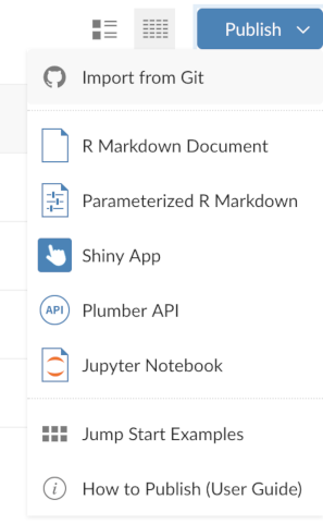 Publish button menu open, with Import from Git listed above other options like R Markdown Document, Shiny App, and Jupyter Notebook.