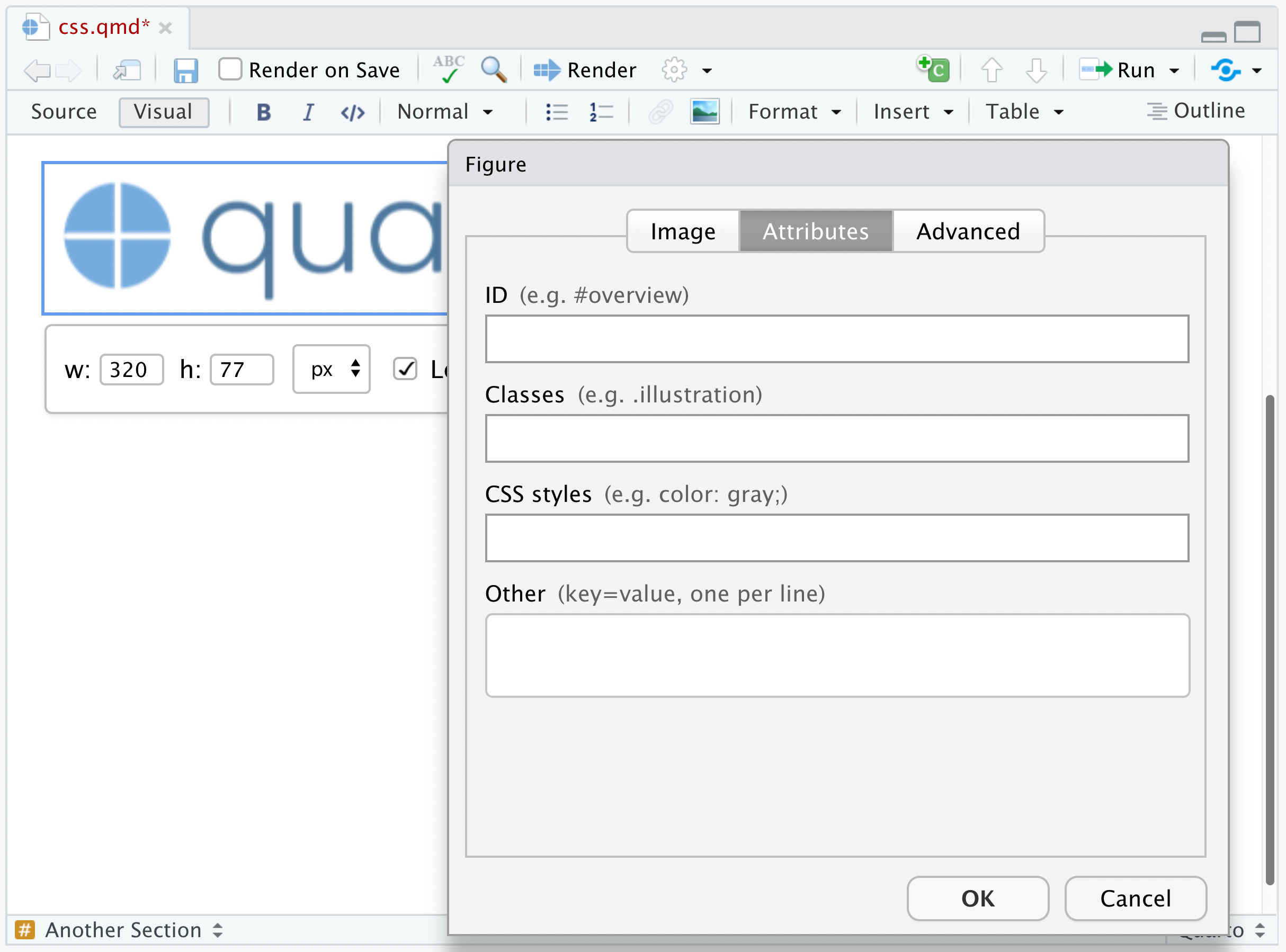 The 'Figure' dialog's Attributes tab open over a selected image, with empty ID and Classes fields for applying a CSS class.