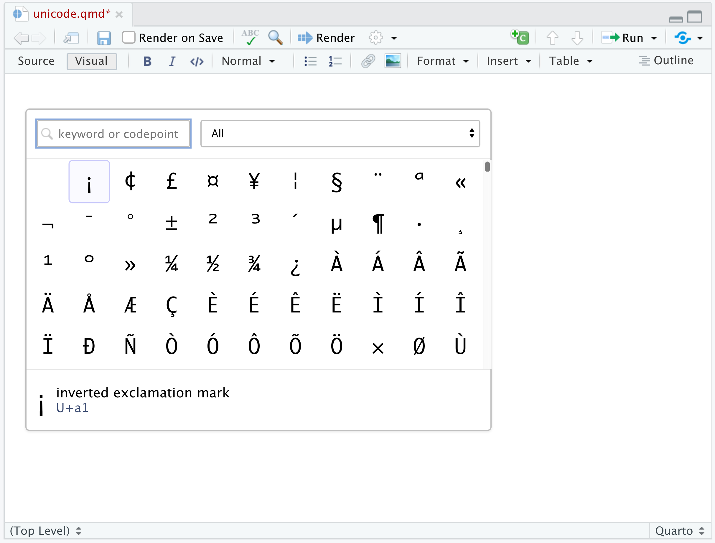 The Unicode character picker, with a search box, a grid of symbols, and the name and code point of the selected character shown at the bottom.
