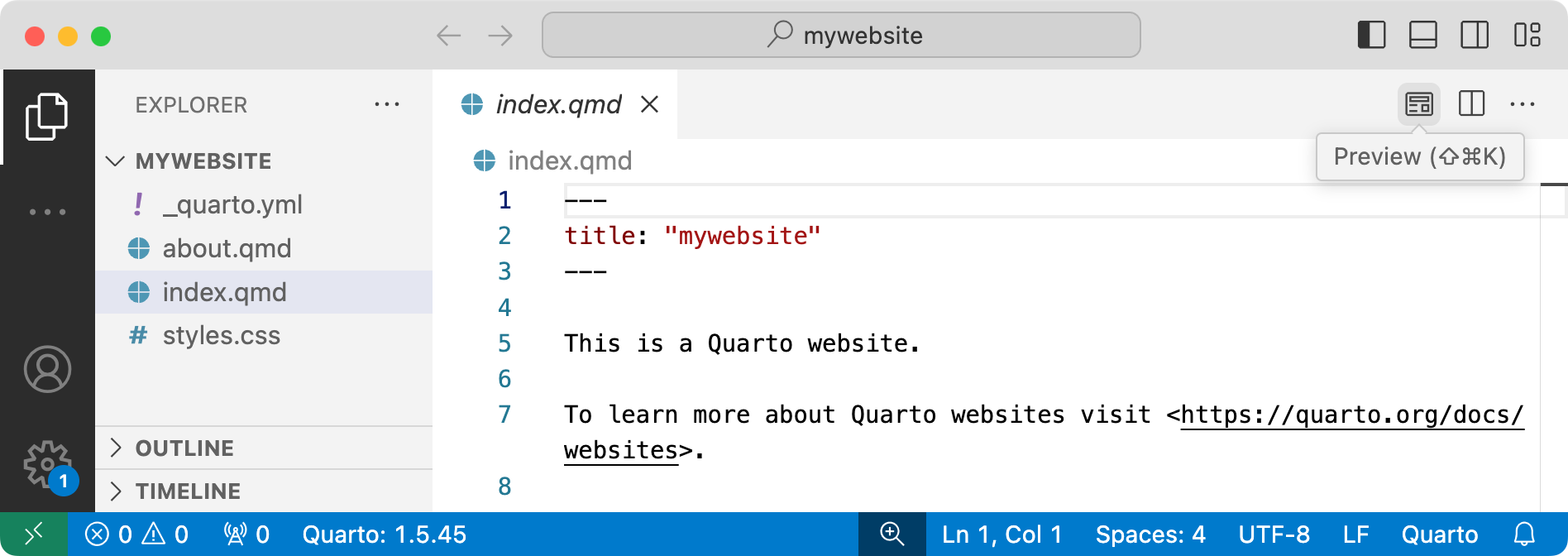 The new website project open in VS Code, with index.qmd open in the editor. The pointer is on the Preview button in the editor toolbar.